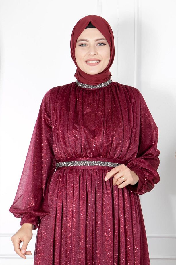 Taş Işlemeli Simli Tül Abiye Mürdüm Fhm858 - 4