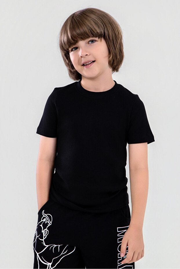 Boy's Cotton Crew Neck Flannel T-Shirt Black
