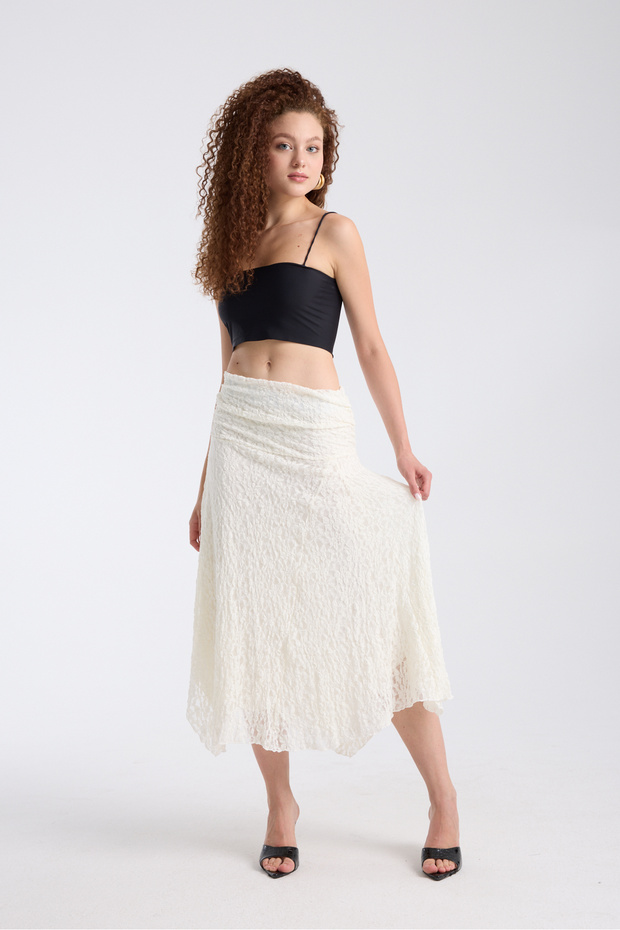 Ecru Lace Lined Full-Fit Midi Length Asymmetric Skirt