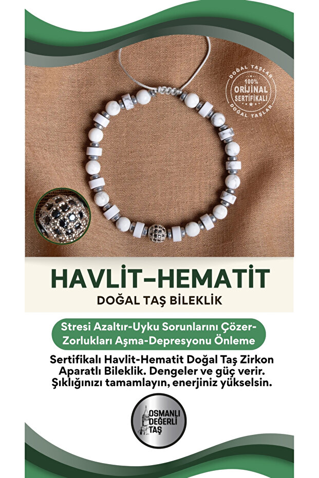 Certified Howlite - Hematite Natural Stone Bracelet with Zircon Apparatus