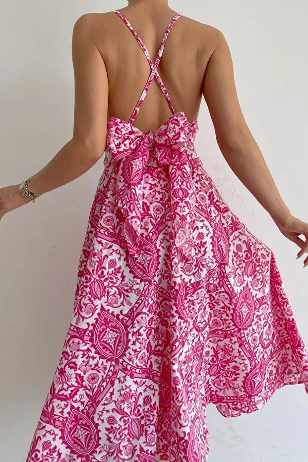 Pembe Desenli Dekolteli Midi Boy Elbise Mg1537 - 7