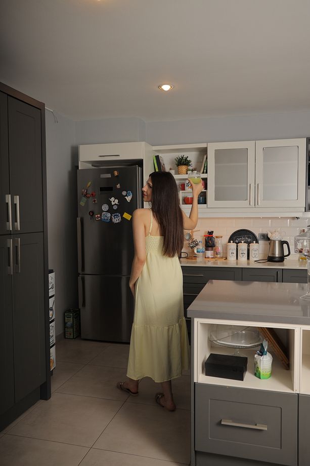 Sarı Örme Göğüs Detaylı Elbise - 3
