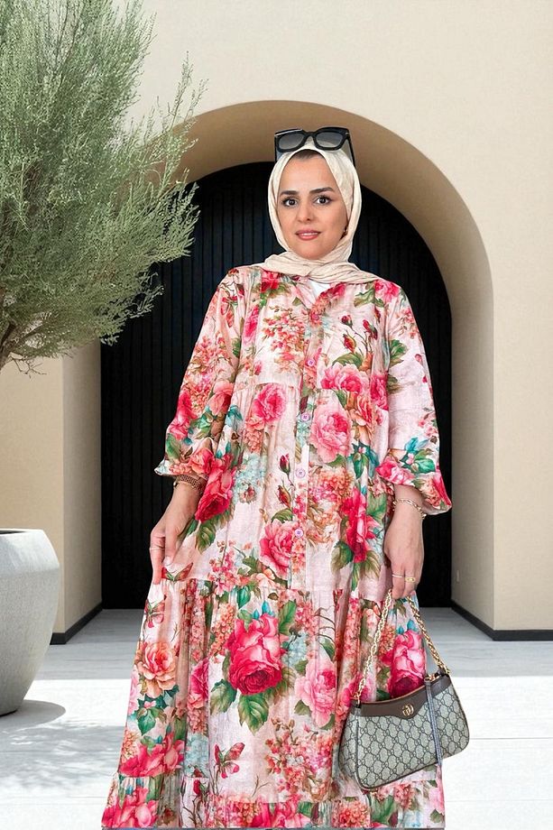 Pamuklu Çiçek Desenli Yazlık Robalı Elbise Güllü Pembe - 6