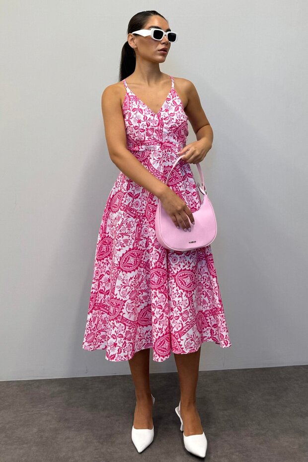 Pembe Desenli Dekolteli Midi Boy Elbise Mg1537 - 4