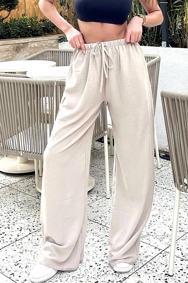 Ayrobin Kumaş Yüksek Bel Bol Paça Palazzo Eşofman Altı - 3