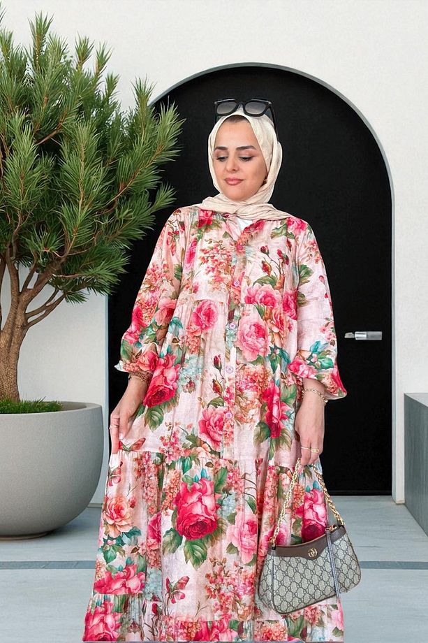 Pamuklu Çiçek Desenli Yazlık Robalı Elbise Güllü Pembe - 5
