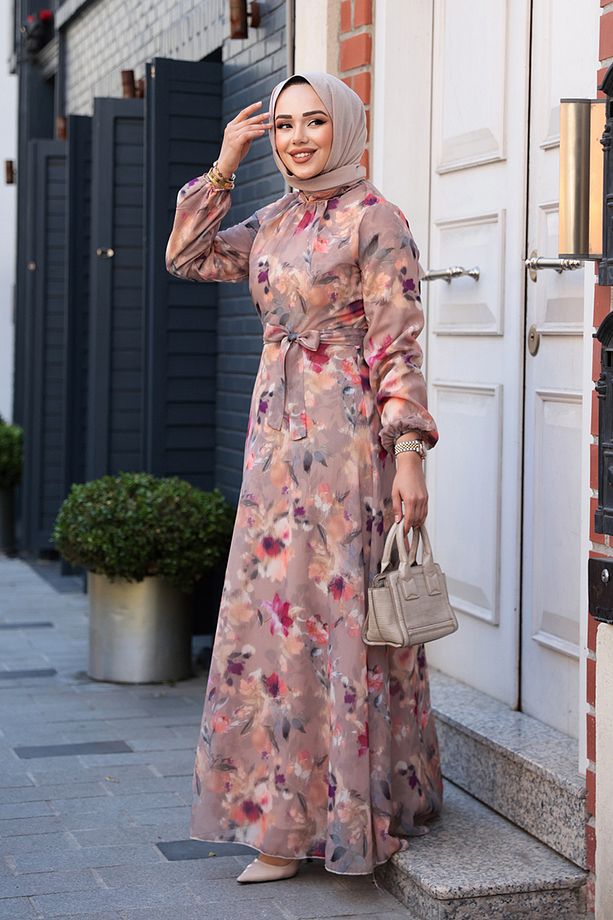 Çiçek Desenli Camel Tesettür Elbise 27987C - 1