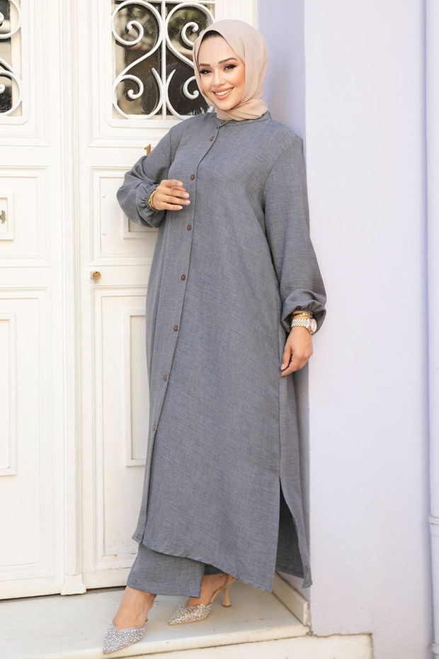 Smoked Hijab Double Set - Buttoned, 19017FU - 1