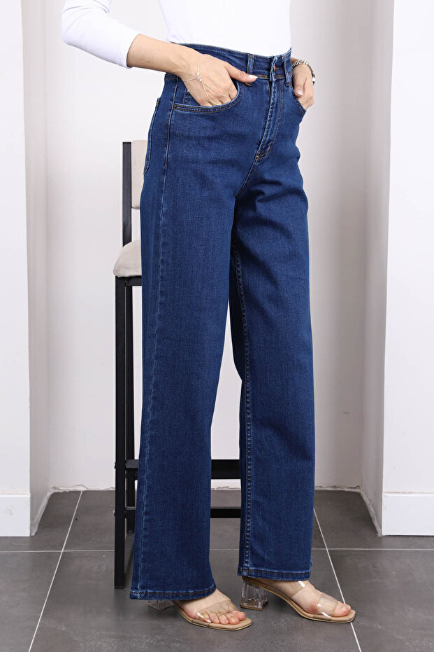 Koyu Mavi Yüksek Bel Palazzo Kot Pantolon - 3