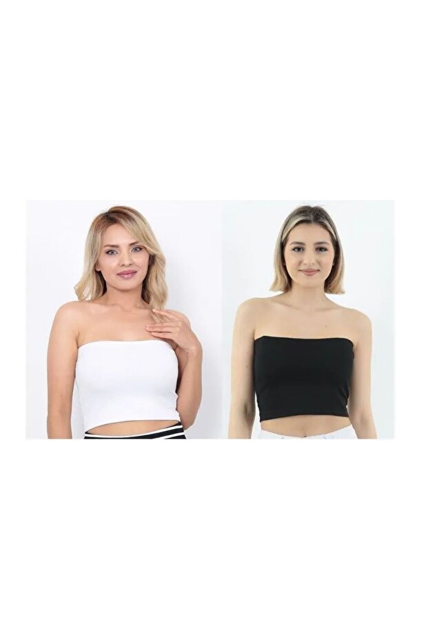 Women's Black-White 2-Pack Ribbed Strapless Crop Bustier Casual & Stylish Top Stretchy Fabric