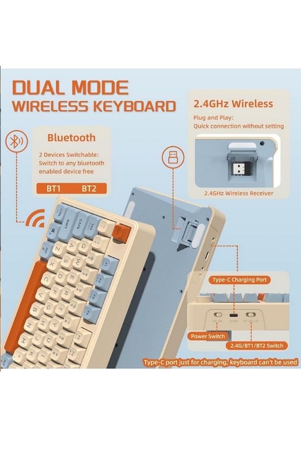 M96 Klavye Bluetooth/2.4g Kablosuz Klavye Işıklı Usb Type-c Kablolu Şarj Gösterge Panelli - 5