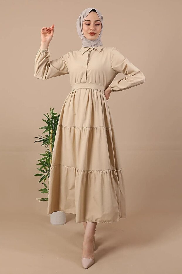 Standard Collar Buttoned Dress Beige