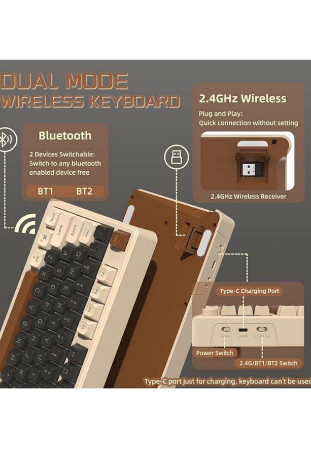 Freewolf M96 Bluetooth/2.4g Kablosuz Klavye Işıklı Usb Type-c Kablolu Şarj Gösterge Panelli Klavye - 3
