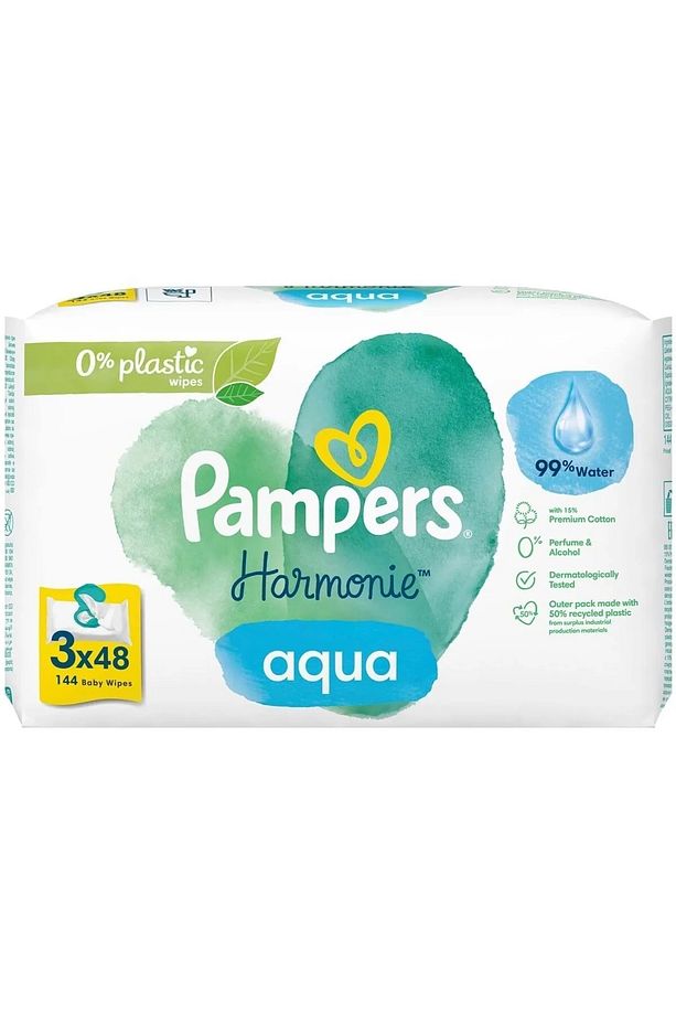 Pampers Harmonie Islak Havlu Mendil Aqua Pure 48 Yaprak 3 Lü Set (144 YAPRAK) Organik Pamuk - 1