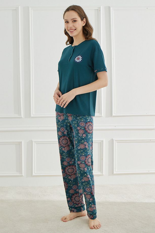 Ethnic Patterns Petrol Kısakol Kadın Pijama Takımı - 3