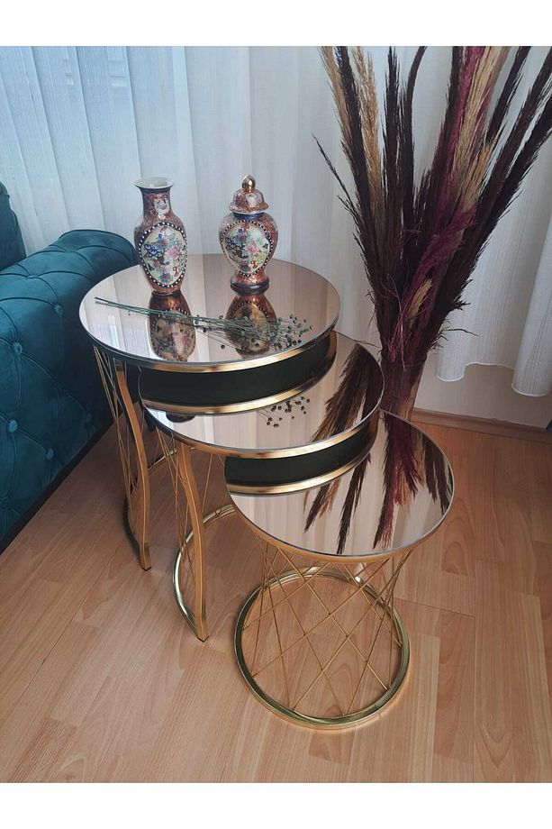 Ekübya Home Hasır C Üçlü Zigon Sehpa Gold Ayak Bronz Ayna - 5