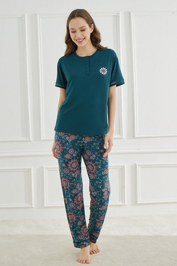 Ethnic Patterns Petrol Kısakol Kadın Pijama Takımı - 1