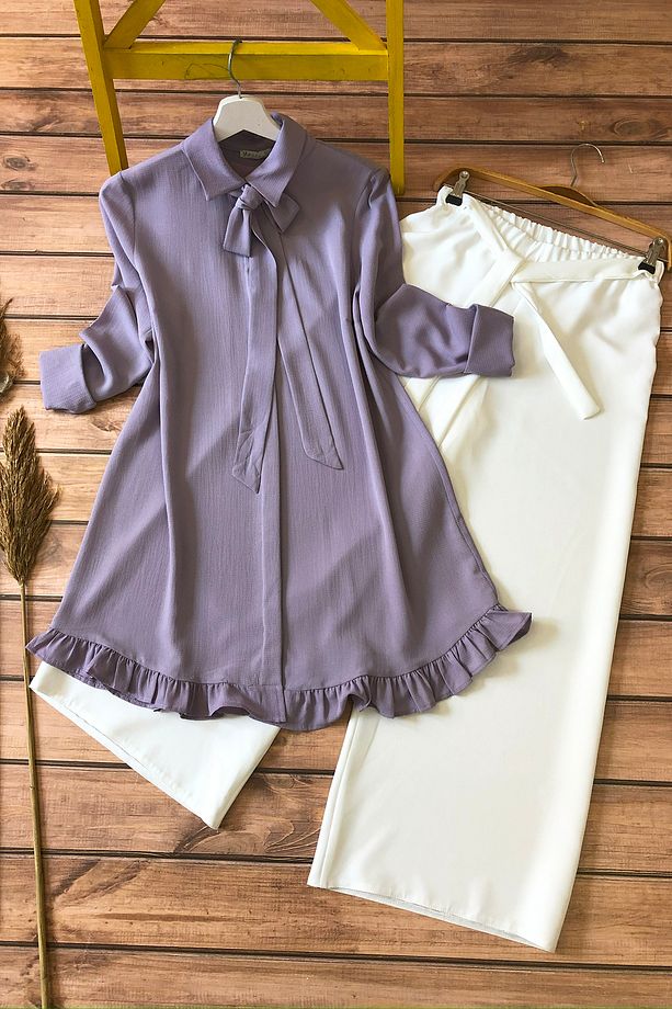 Kombin-kurdela Fırfır Detaylı Tunik Ve Pantolon- Lila - 3