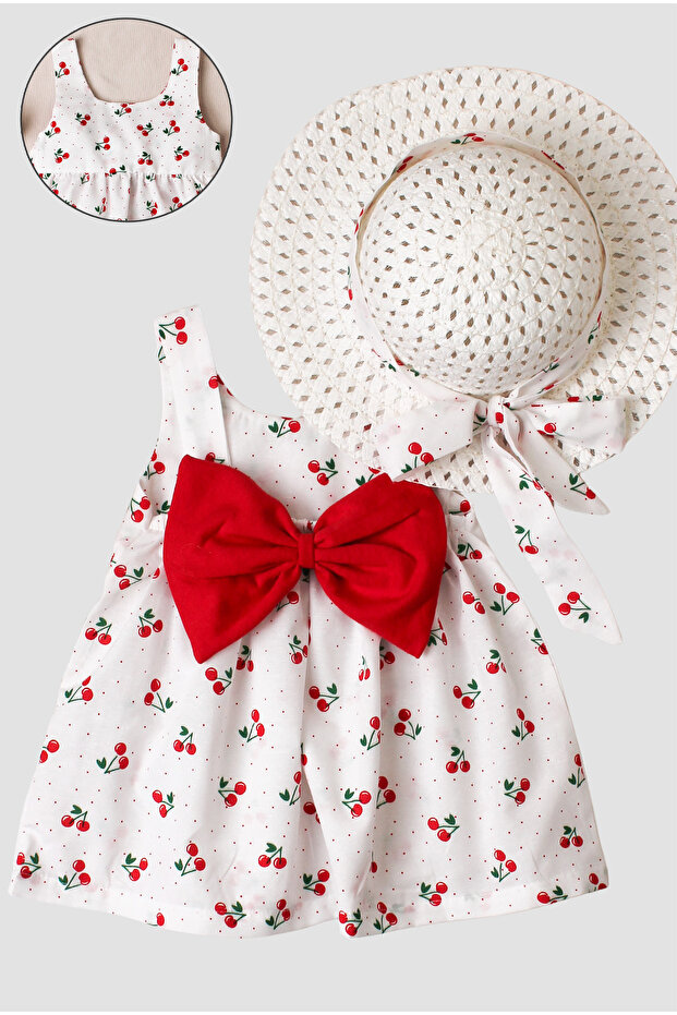 Chicsy Baby Kiraz Desenli Şapkalı Fiyonklu Kız Bebek Elbisesi