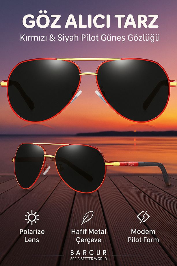 BARCUR Red Gold Gri Camlı Polarize Erkek Güneş Gözlüğü Şıklığın ve Kalitenin Buluştuğu Nokta - 1