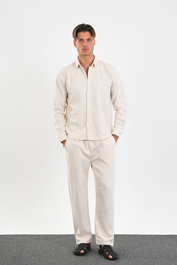 Flare Kışlık Baggy Pantolon Oversize Gömlek Alt Üst Takım %100 Pamuk Bej - 1