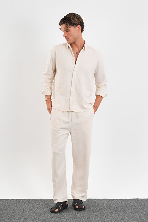 Flare Kışlık Baggy Pantolon Oversize Gömlek Alt Üst Takım %100 Pamuk Bej - 3