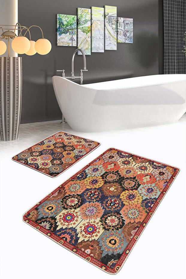 مجموعة من قطعتين من سجادة الحمام القابلة للغسل وقاعدة غير قابلة للانزلاق ونمط مرقعة متعددة الألوان - 2