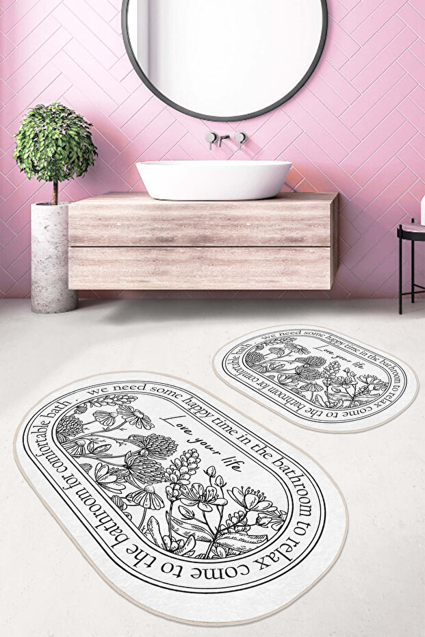 Black and White Flower Motif Modern Oval Set of 2 Non-Slip Base Washable Bath Mat Set
