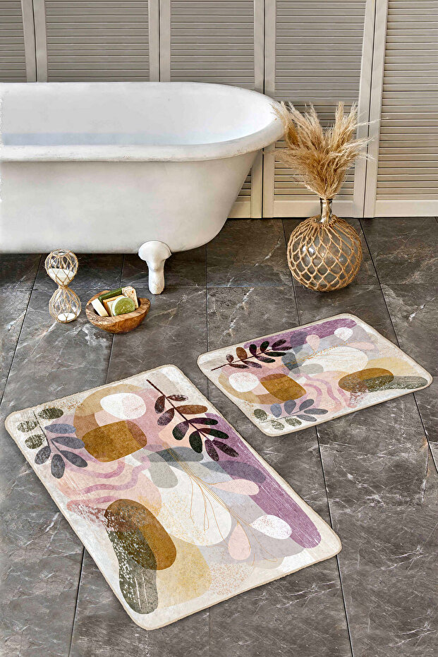 Purple and Yellow Modern Abstract Plant Patterned Set of 2 Non-Slip Base Washable Bath Mat Set
