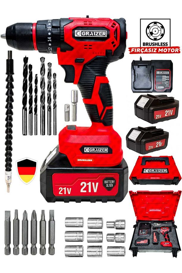 Alman Technology 21 V Kömürsüz Darbeli Çift Akülü Şarjlı Vidalama Matkap - 3