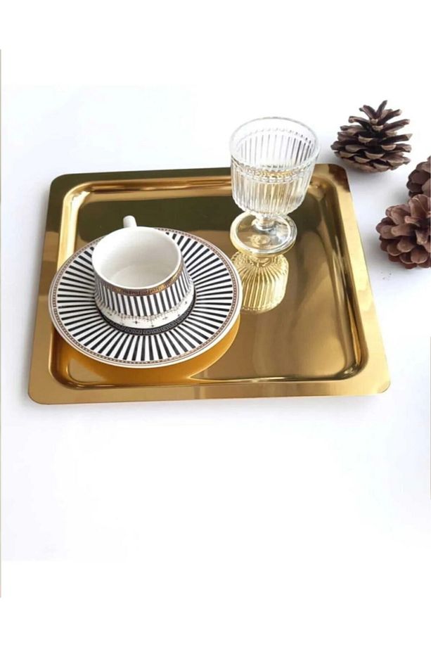 6 Adet Parlak Tek Taraflı Gold Altın Kare Paslanmaz Çelik Kahve Servis Sunum Tepsi (21X21CM) T - 5