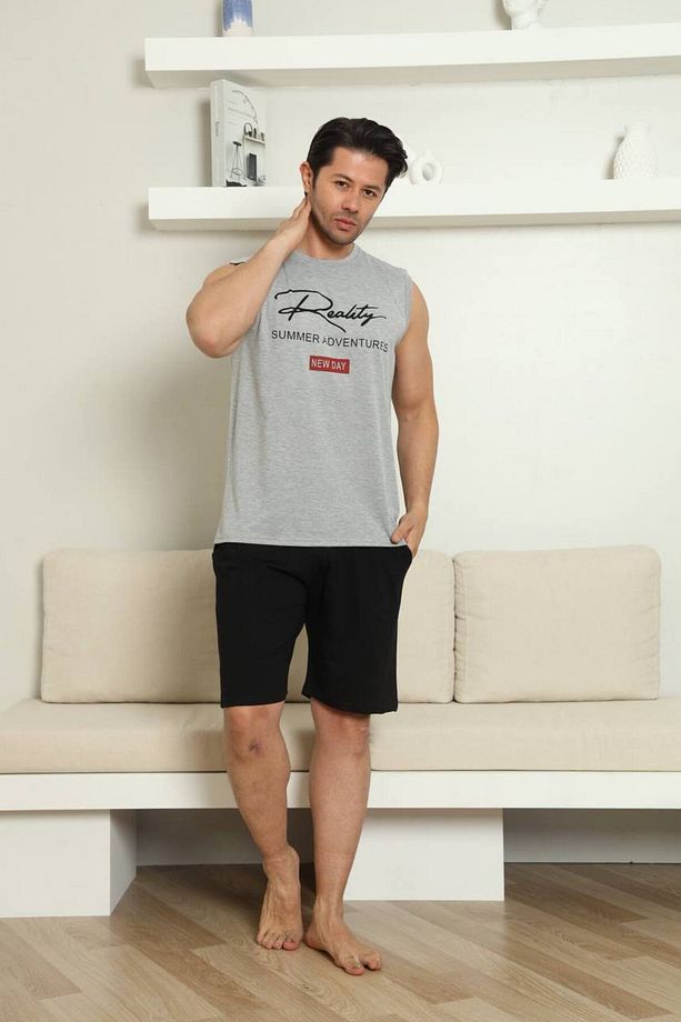 Erkek Gri %100 Pamuk Baskılı Atlet Şort Kolsuz Cepli Yazlık Pijama Takımı - 3