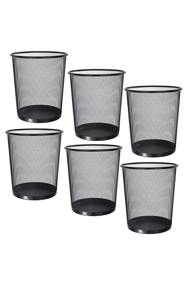 Set Of 6 Mesh Wastebasket Trash Can – Silver & Black Steel Round Bin For Office, Home, Bathroom