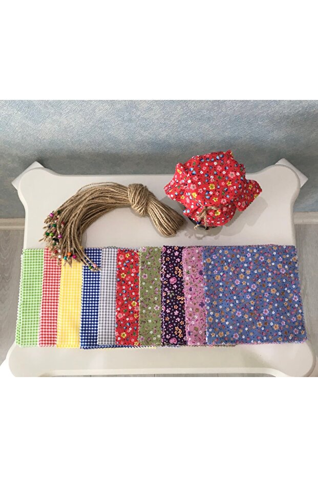 50 Adet Çıtır Çiçekli & Pötikare Karışık Kavanoz Kapağı Örtüsü Ve Boncuklu Bağlama Ipi - 8