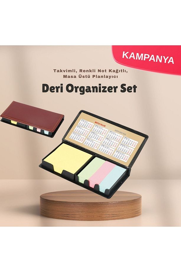 Deri Kapaklı Geri Dönüşüm Yapışkanlı Notluk – Takvimli, Yapışkanlı Kağıt Setli - 1