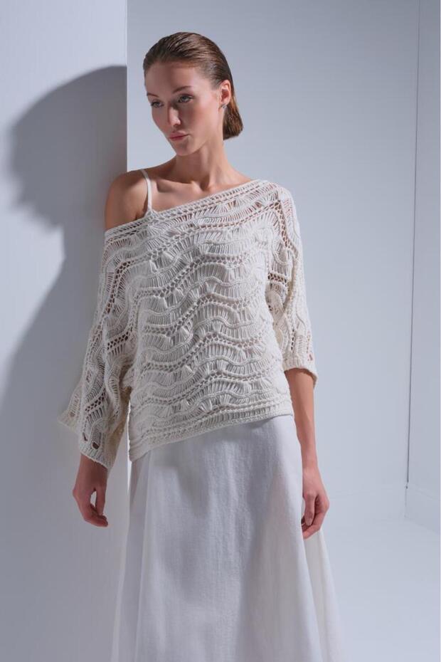 Triko Bluz Parçalı Ekru Elbise - 3