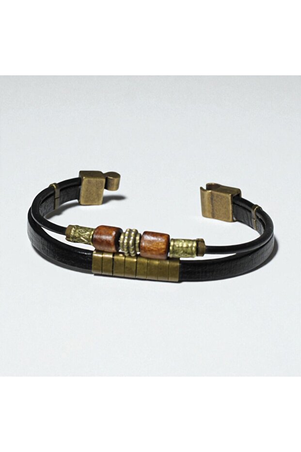 Wooden Detailed Genuine Leather Multiple Handmade Ethnic Men's Bracelet