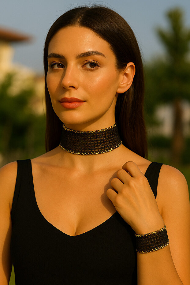 Black Mesh Textured Wide Choker & Bracelet Set with Gold Detail - Light Structure - 4 cm