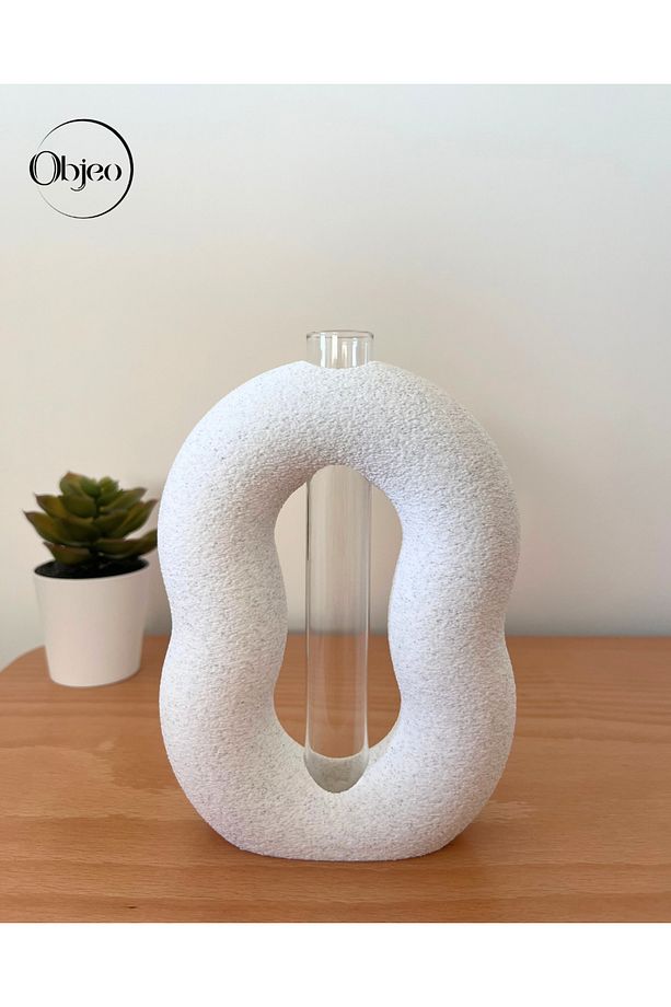 Granit Desenli Kıvrımlı Cam Tüplü Objeo Vazo - Dokulu Yüzeyli Bohem Vazo - 15 cm - 1