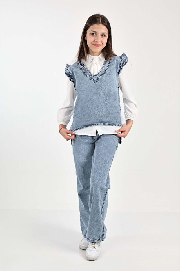 Girls' 3-Piece Denim Jean Set Denim Pants-Denim Blouse-Chiffon Shirt