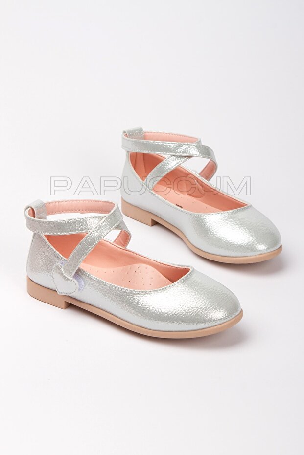 Girls' Silver Wrap-Around Ankle-Strap Velcro Non-Slip Underlay Orthopedic Ballet Flats