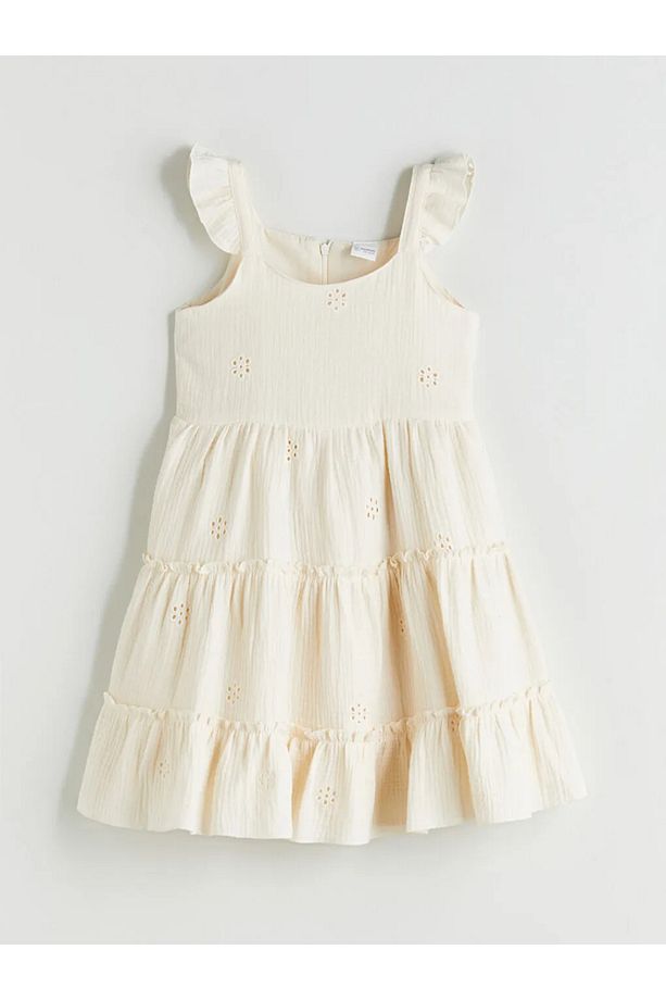 LCW baby Ekru Bisiklet Yaka Çiçekli Kız Bebek Elbise - 4