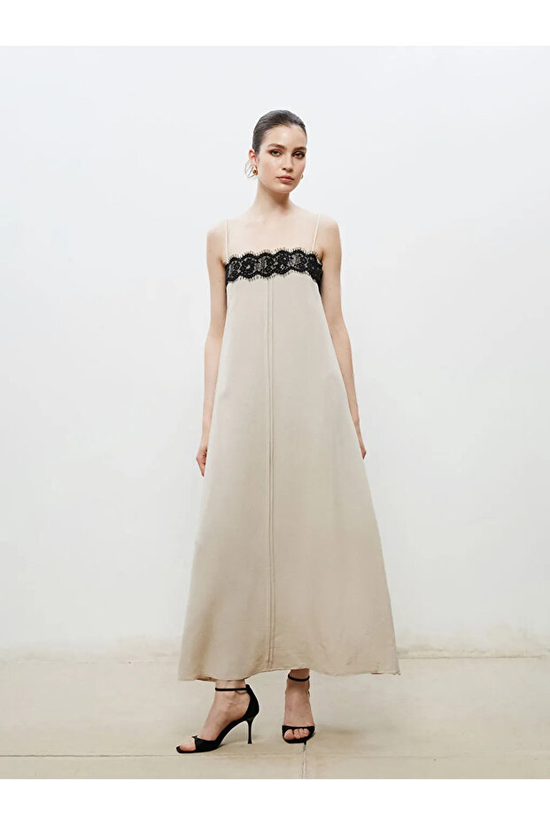Soulife Ecru Square Neck Linen Blend Strap Dress