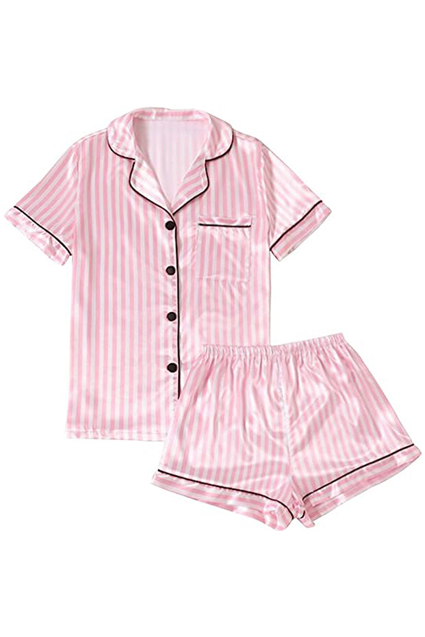 Women's Pink Striped Satin Pajamas: Short Sleeve Top & Shorts Set