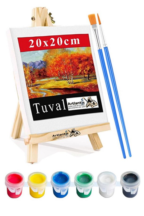 Mini Şövale 20x20 cm Tuval 3 ml Akrilik Boya 6 Renk ve Fırça 1 Paket 20x20 Mini Tuval Masaüstü Küçük - 1