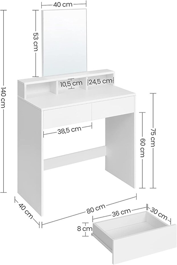 VASAGLE Dressing table with mirror, with 2 drawers and 3 open compartments, 40x80x140cm, mod style - 5