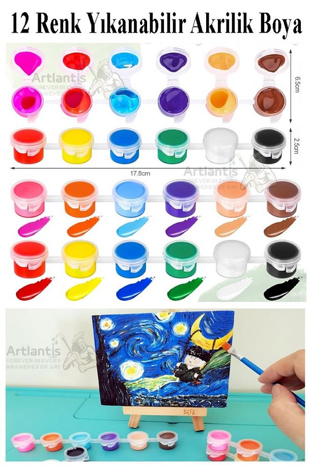 Mini Şövale 20x20 cm Tuval 3 ml Akrilik Boya 12 Renk ve Fırça 2 Adet 20x20 Mini Tuval Masaüstü Küçük - 2
