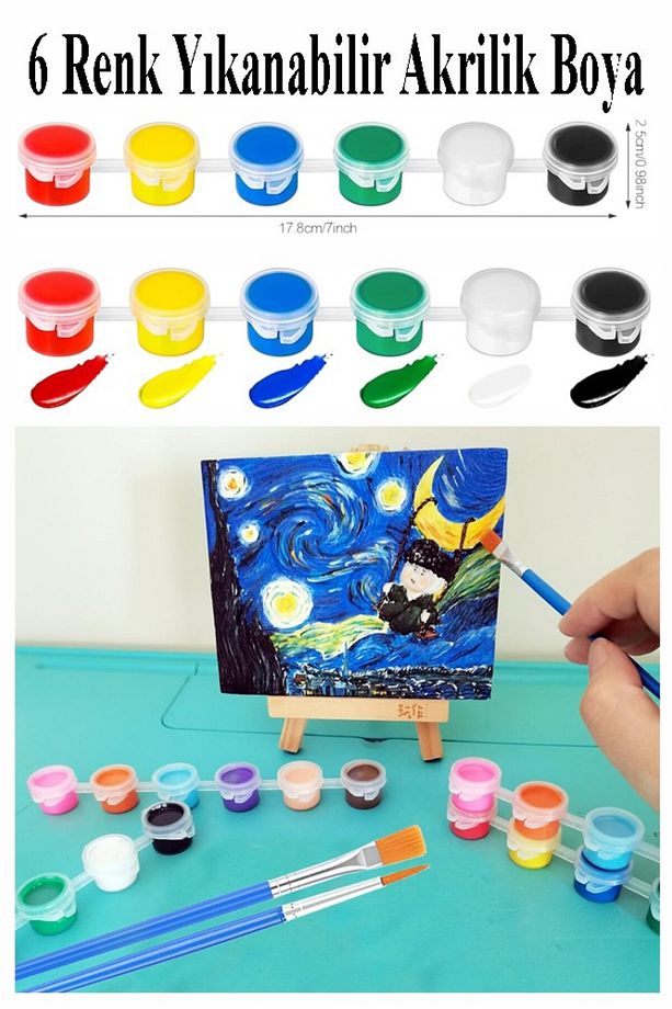 Mini Şövale 20x20 cm Tuval 3 ml Akrilik Boya 6 Renk ve Fırça 2 Adet 20x20 Mini Tuval Masaüstü Küçük - 3