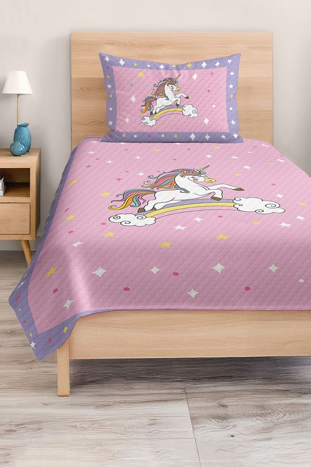 Unicorn Desenli Pembe Kız Çocuk Baskılı Tek Kişilik Pike Takımı - 3
