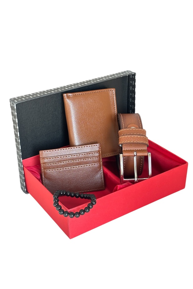 Premium Series Special Boxed Luxury Leather Classic Vertical Wallet Belt Card Holder and Bracelet Men's Set